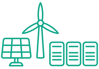 Das Icon zeigt ein Solarpanel, ein Windrad und kleine Container. Es steht für Kompetenz im Bereich Projektentwicklung.