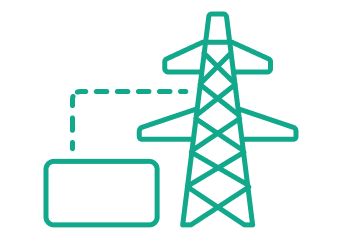 Das Icon zeigt eine gestrichelte Linie, die einen Strommast und einen Container verbindet. Es steht für Kompetenz im Bereich Systemintegration.
