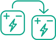 Icon Stilisierung zweier Plus-Minus-Batterien, um Langlebigkeit des Batteriegroßspeichers zu symbolisieren