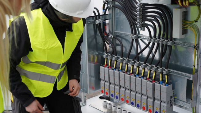 Pracownicy firmy TRICERA energy przed panelami magazynu energii akumulatorowej
