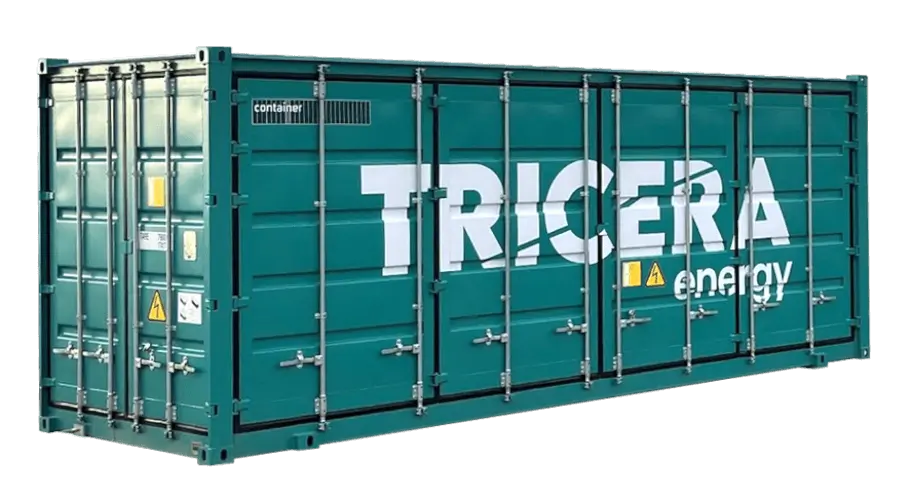 Batteriegroßspeicher im grünen Container der Firma TRICERA energy